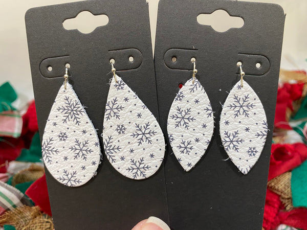 White Leather with a Black Snowflake Print Earrings