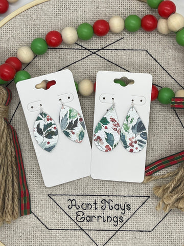 Christmas Floral Print in Red and Forest Green Leather Earrings