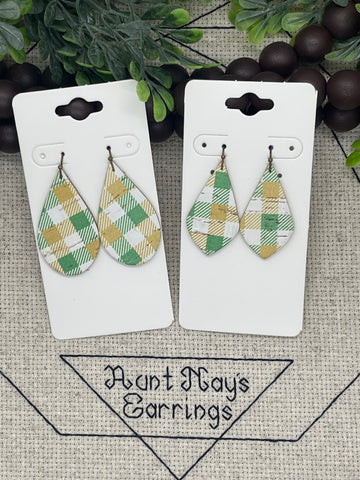 Green White and Golden Yellow Buffalo Plaid Print Cork on Leather Earrings