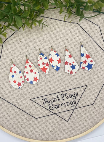 Cream Cork with Red and Blue Stars on Leather Earrings