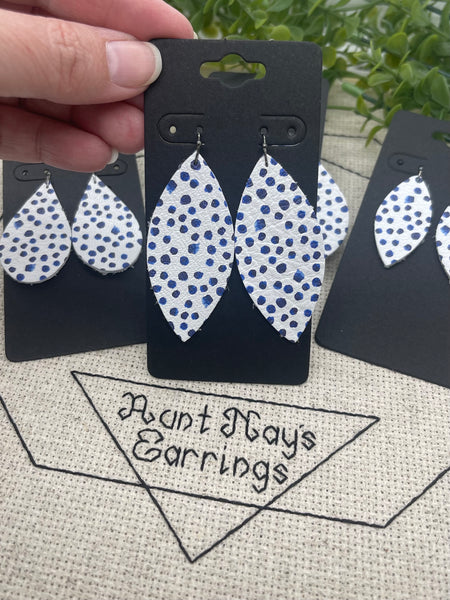 White Leather with Blue Dots Earrings