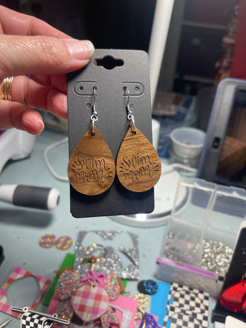 Wood Engraved Swim Mom Earrings