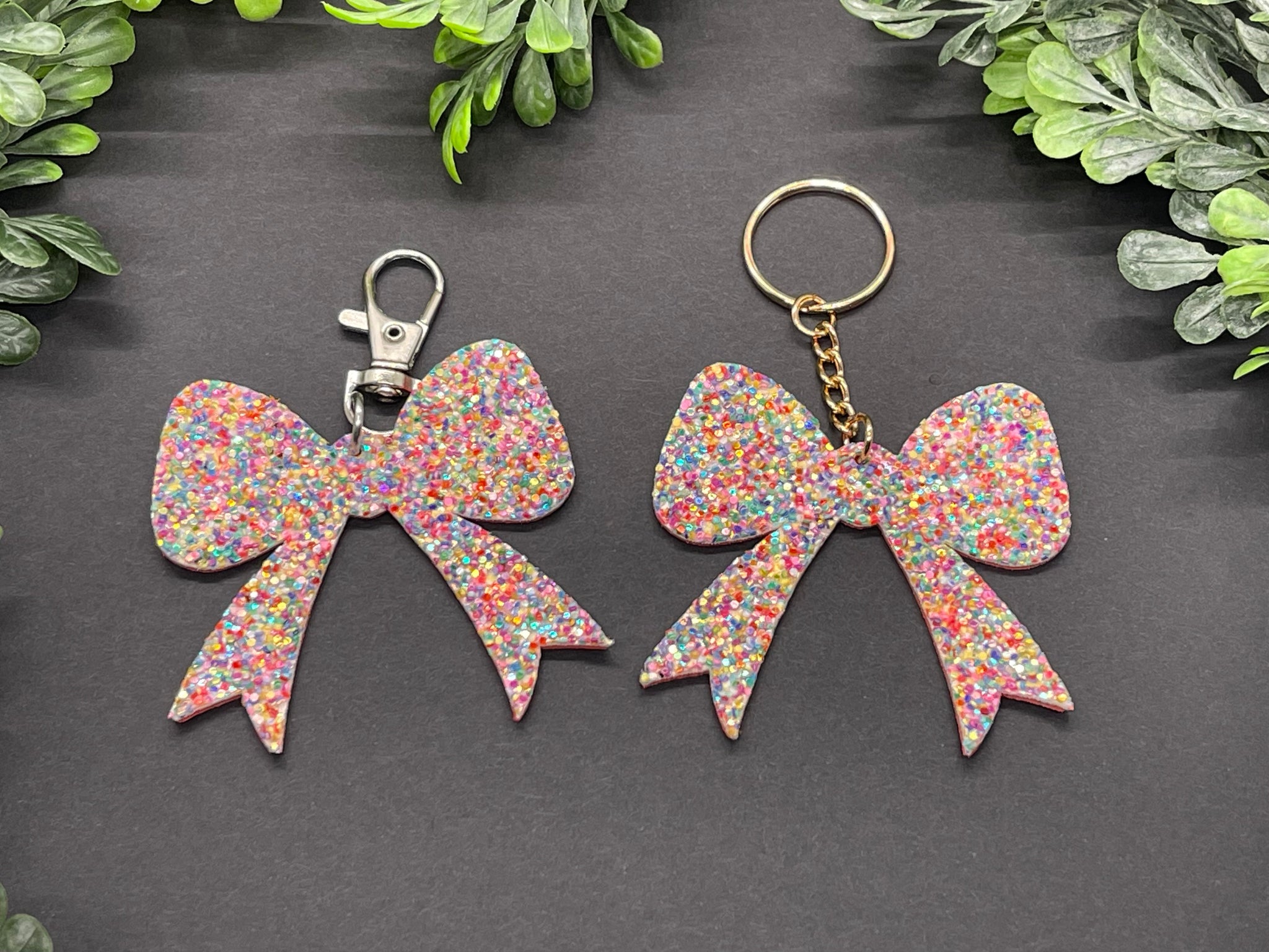 Rainbow Chunky Glitter Bow or Flower Bag Charm