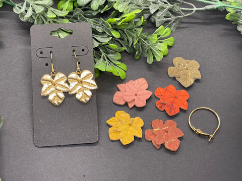 Small Embossed Leaf Shaped Cork on Leather Earrings