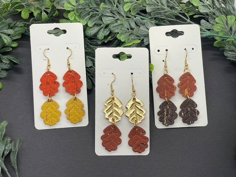 Double Leaf Embossed Dangle Cork on Leather Earrings