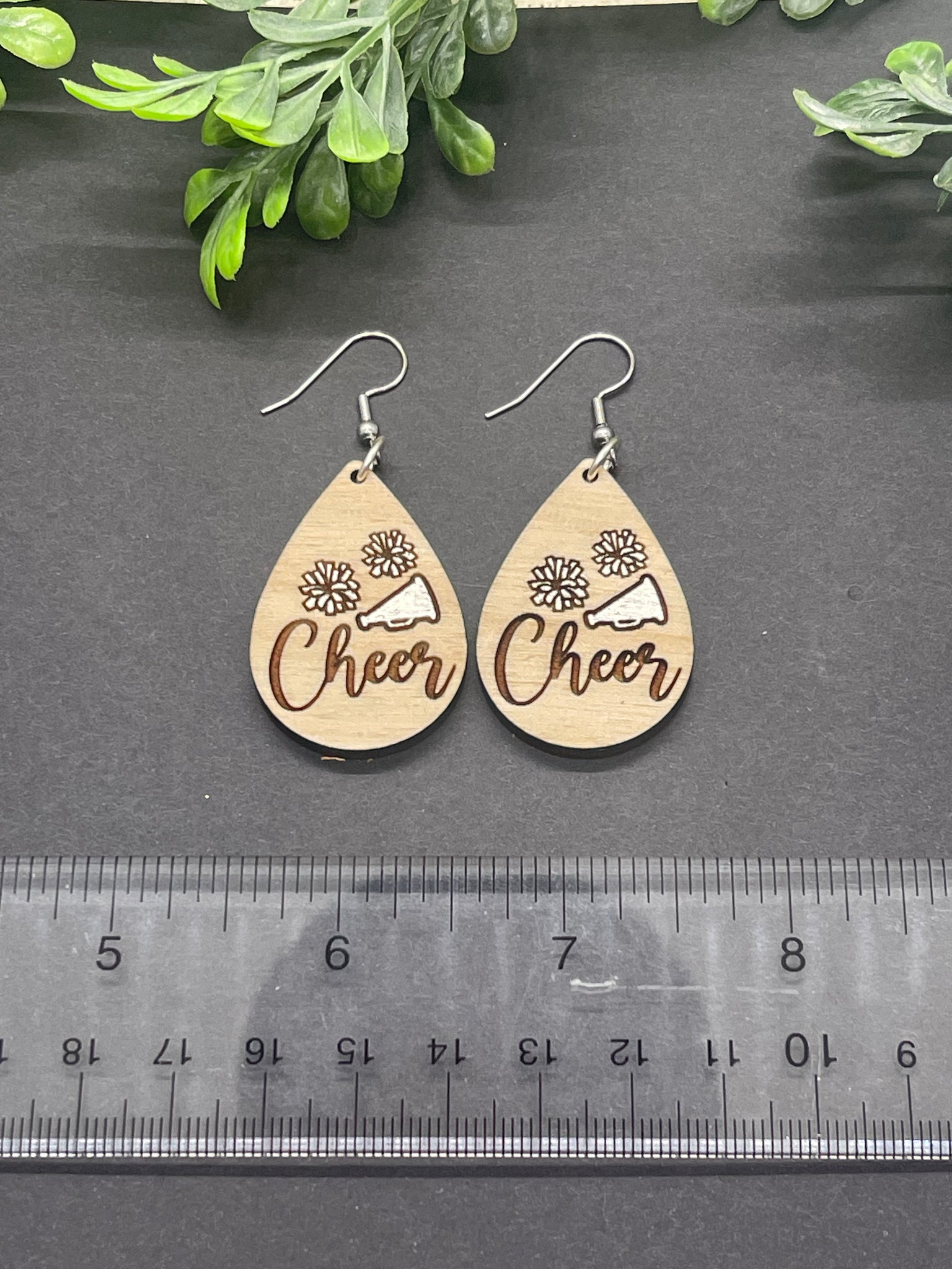 Wood Engraved Cheer Earrings