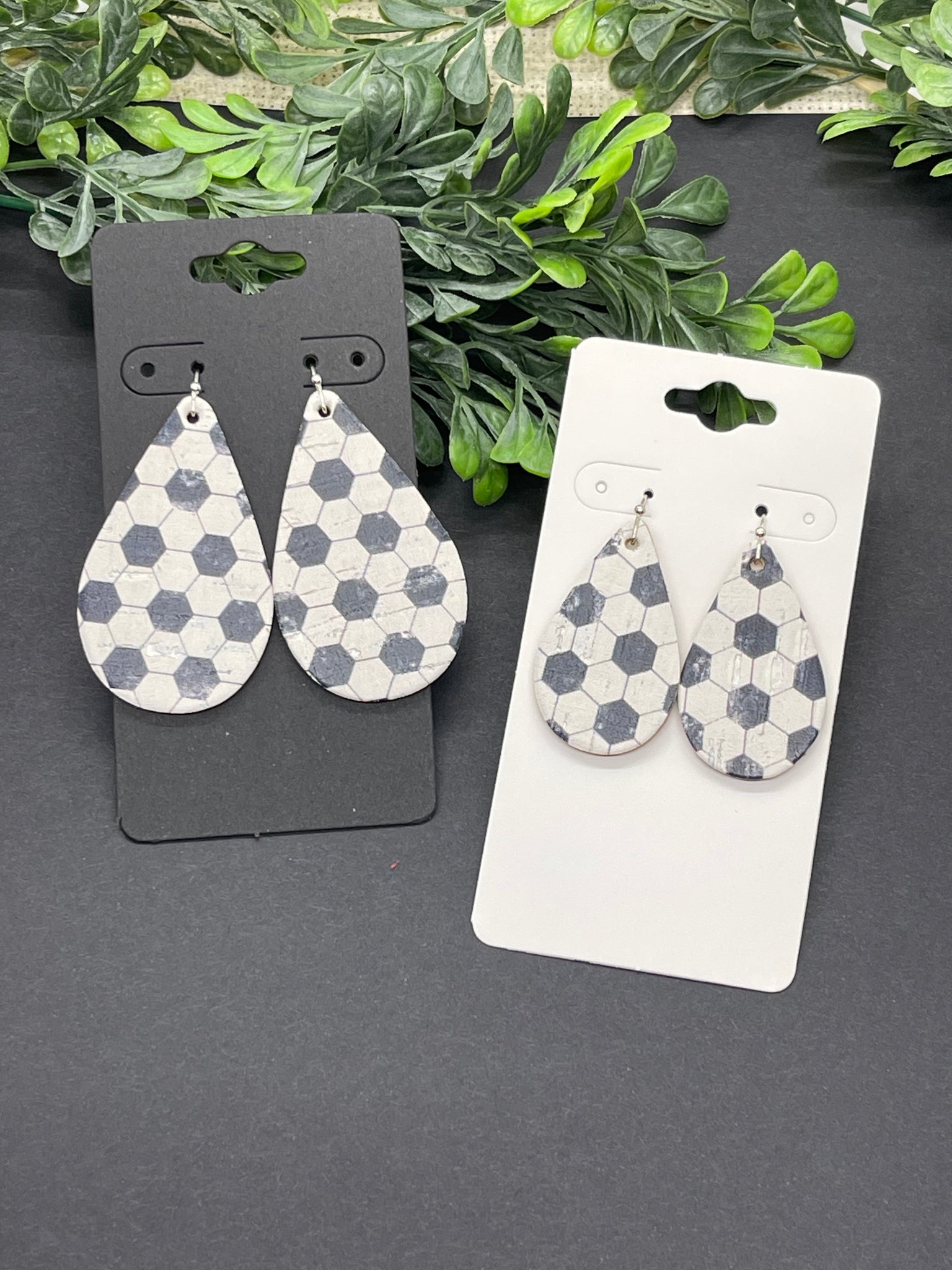 New Soccer Print Cork on Leather Earrings