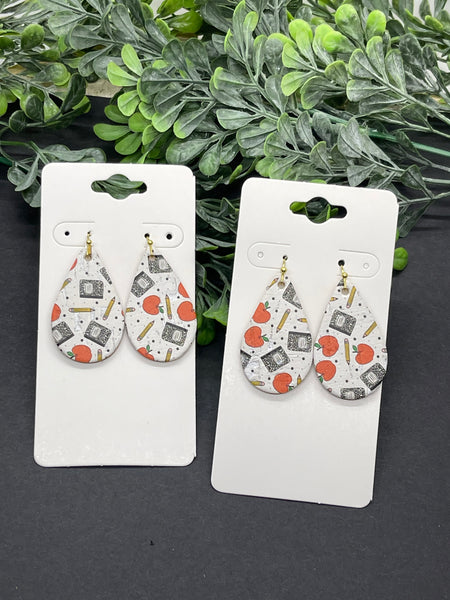 Apple and Pencil Teacher Print Cork on Leather Earrings