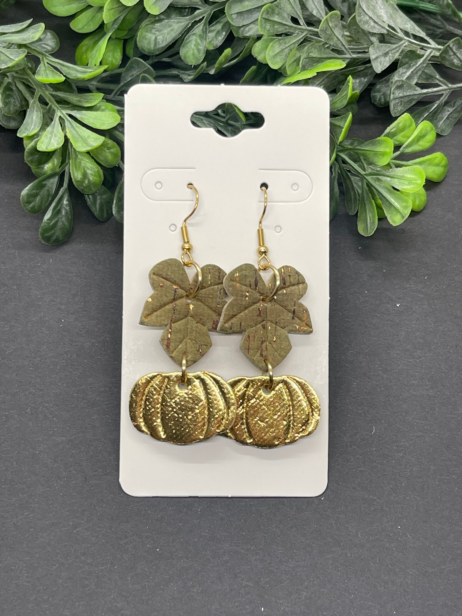 Leaf and Pumpkin Embossed Dangle Cork on Leather Earrings
