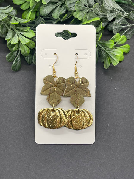 Leaf and Pumpkin Embossed Dangle Cork on Leather Earrings