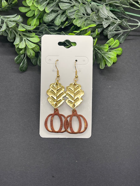 Leaf and Pumpkin Embossed Dangle Cork on Leather Earrings