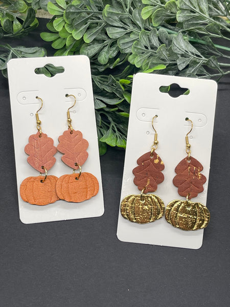 Leaf and Pumpkin Embossed Dangle Cork on Leather Earrings