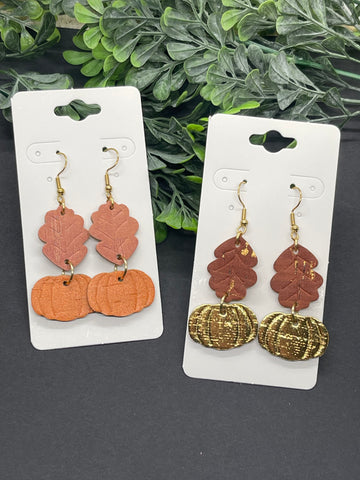 Leaf and Pumpkin Embossed Dangle Cork on Leather Earrings