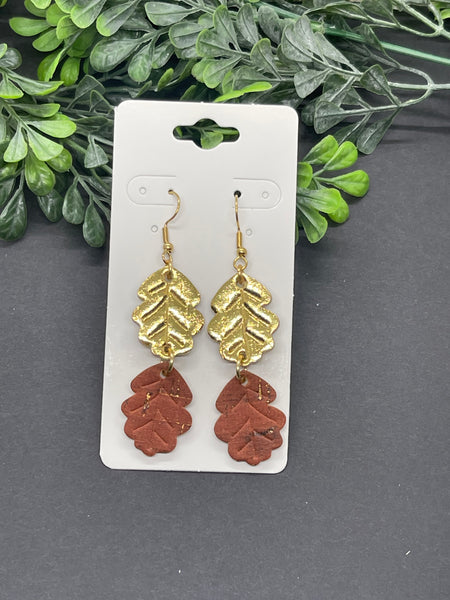Double Leaf Embossed Dangle Cork on Leather Earrings