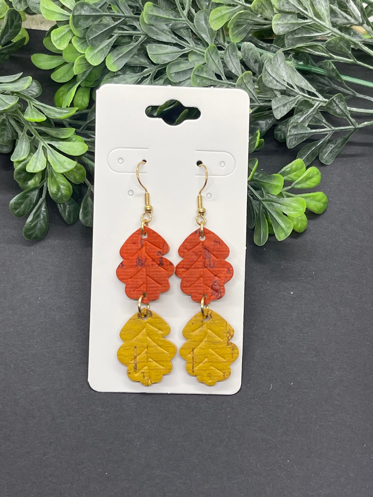 Double Leaf Embossed Dangle Cork on Leather Earrings