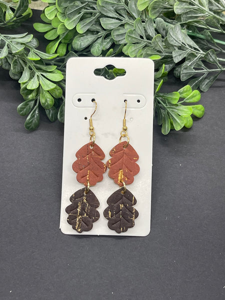 Double Leaf Embossed Dangle Cork on Leather Earrings