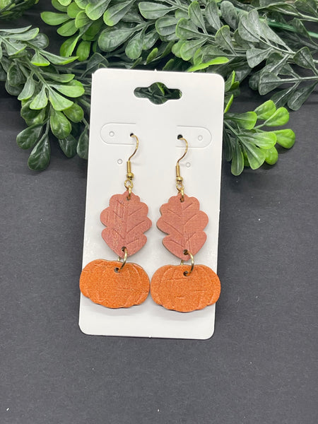 Leaf and Pumpkin Embossed Dangle Cork on Leather Earrings