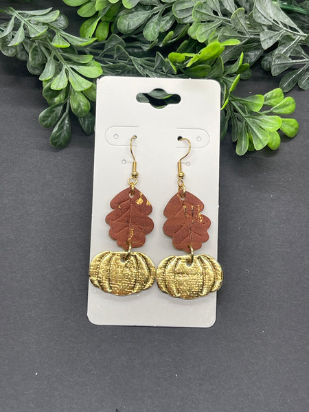 Leaf and Pumpkin Embossed Dangle Cork on Leather Earrings
