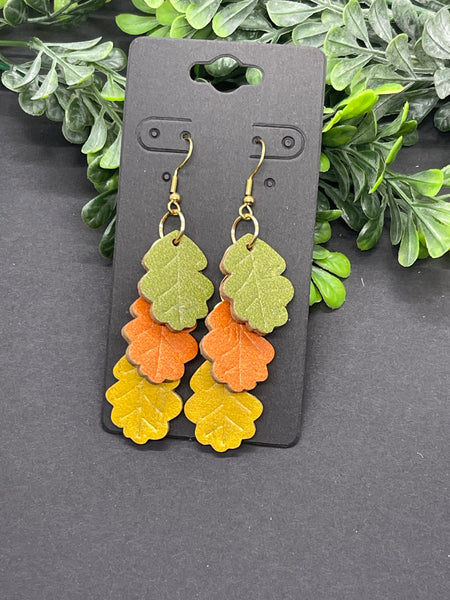 Triple Leaf Embossed Dangle Cork on Leather Earrings