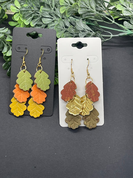 Triple Leaf Embossed Dangle Cork on Leather Earrings