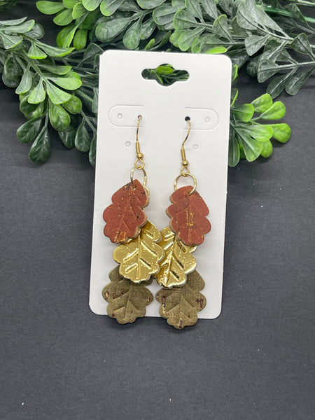 Triple Leaf Embossed Dangle Cork on Leather Earrings