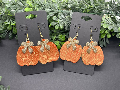 Pumpkin Shaped Embossed Orange Leather Earrings with Gold Glaze and Bows