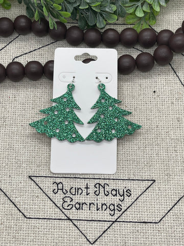 Green Sparkly Fine Glitter Christmas Tree Cork on Leather Earrings