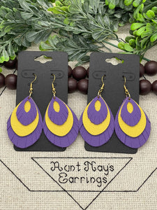 Triple Layer Purple and Yellow Fringed Leather Earrings