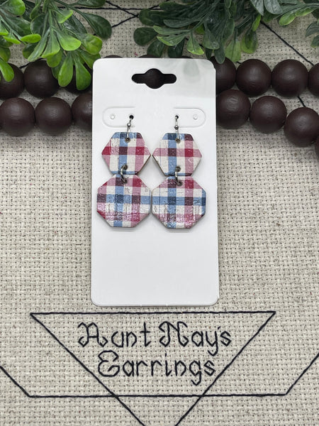 July 4th Hexagon Stacked Cork on Leather Earrings