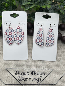 Red White and Blue Circle Star Printed Cork on Leather Earrings