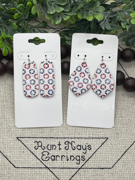 Red White and Blue Circle Star Printed Cork on Leather Earrings