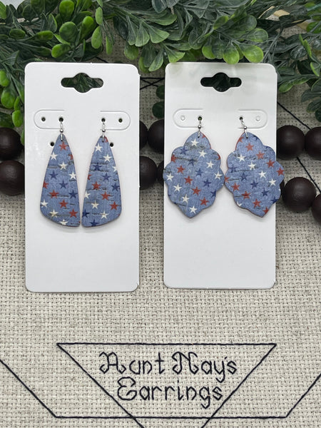 Red White and Blue Stars on Blue Cork on Red Backed Leather Earrings