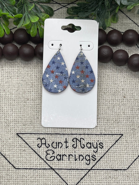 Red White and Blue Stars on Blue Cork on Red Backed Leather Earrings