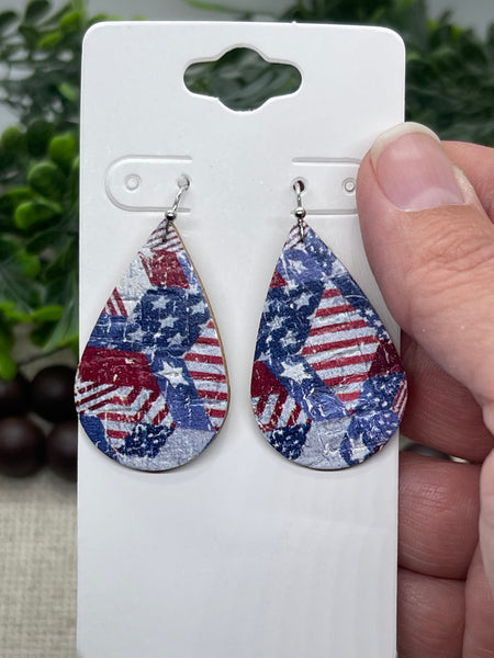 Red White and Blue Quilt Printed Cork on Leather Earrings