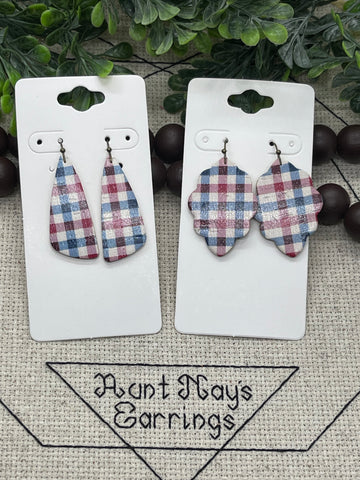 Light Red White and Blue Plaid Printed Cork on Leather Earrings