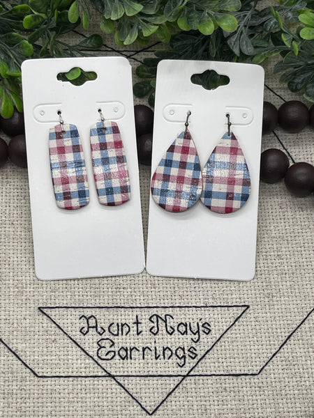 Light Red White and Blue Plaid Printed Cork on Leather Earrings