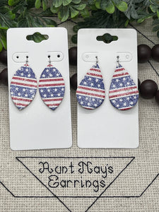 Red White and Blue Stars and Stripes Printed Cork on Leather Earrings