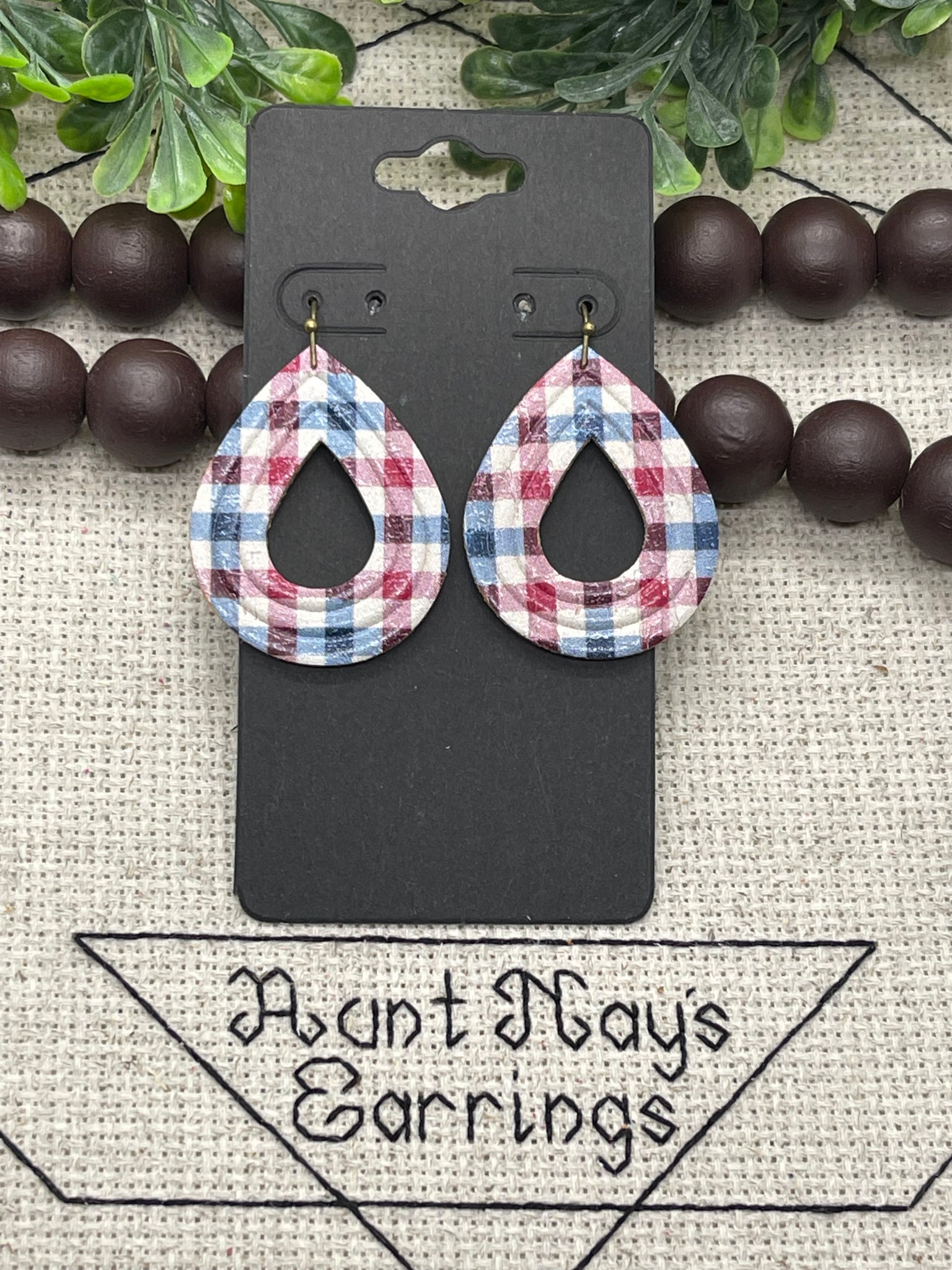 Light Red White and Blue Plaid Embossed Teardrop Cutout Cork on Leather Earrings