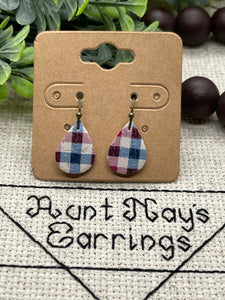 Light Red White and Blue Plaid Tiny Teardrop Cork on Leather Earrings