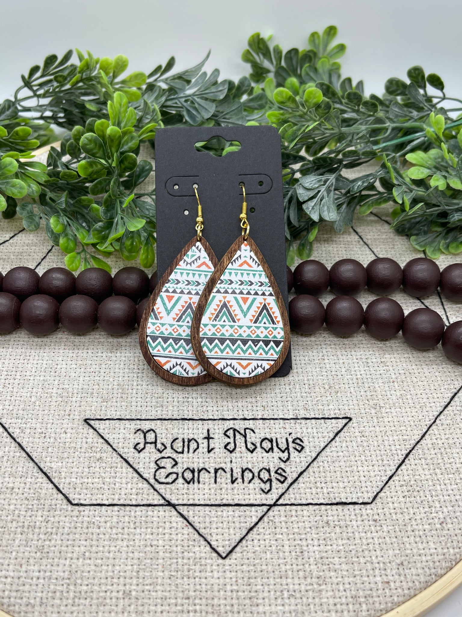 Turquoise Triangle Print Cork on Leather in Wood Bezels Earrings