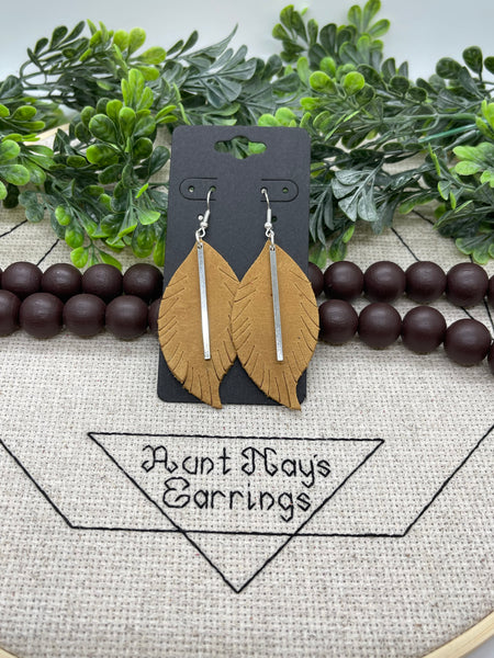 Fringed Feather Leather Earrings with Metal Bar Accents