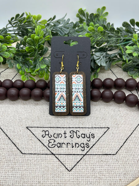 Turquoise Triangle Print Cork on Leather in Wood Bezels Earrings
