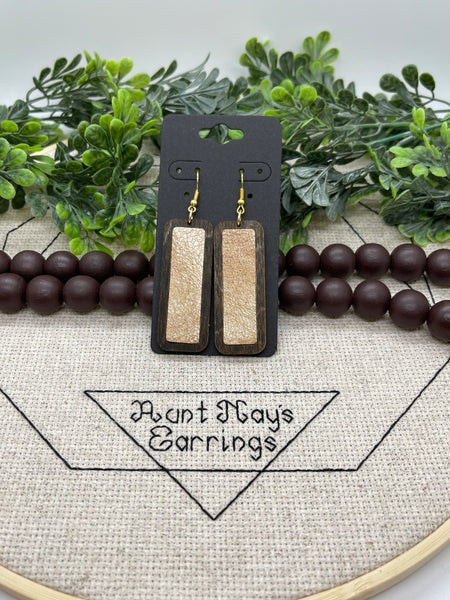 Distressed White and Cognac Leather in Wood Bezels Earrings