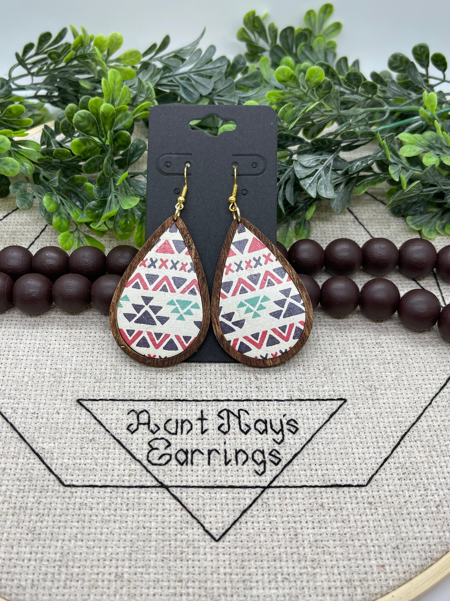 Red Triangle Print Cork on Leather in Wood Bezels Earrings