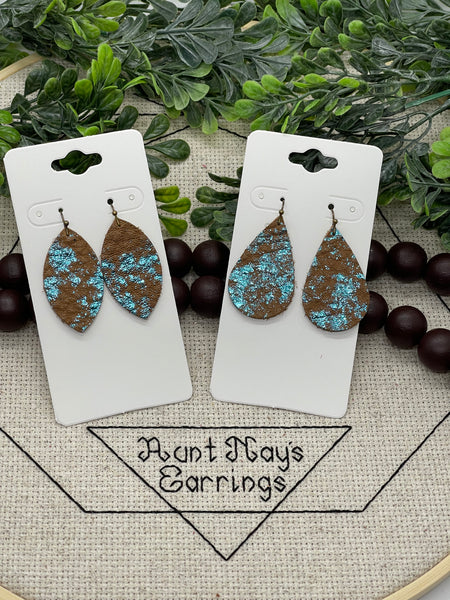 Brown Leather with Turquoise Metallic Splash Accents Earrings