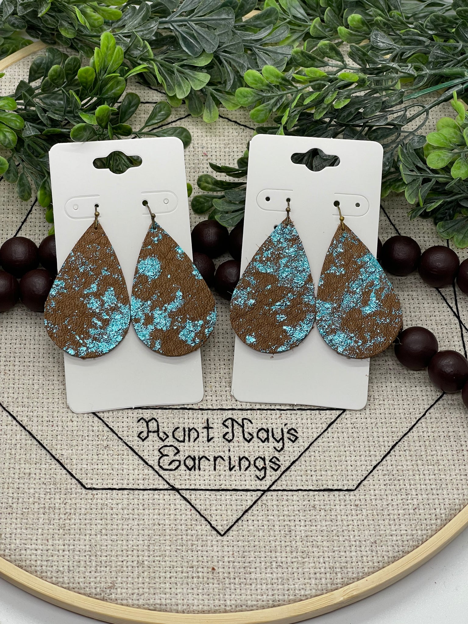 Brown Leather with Turquoise Metallic Splash Accents Earrings