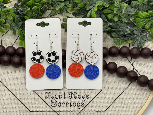 Wood Football Soccer and Volleyball Team Colors Earrings