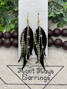 Fancy Black and Gold Fringed Feather Earrings