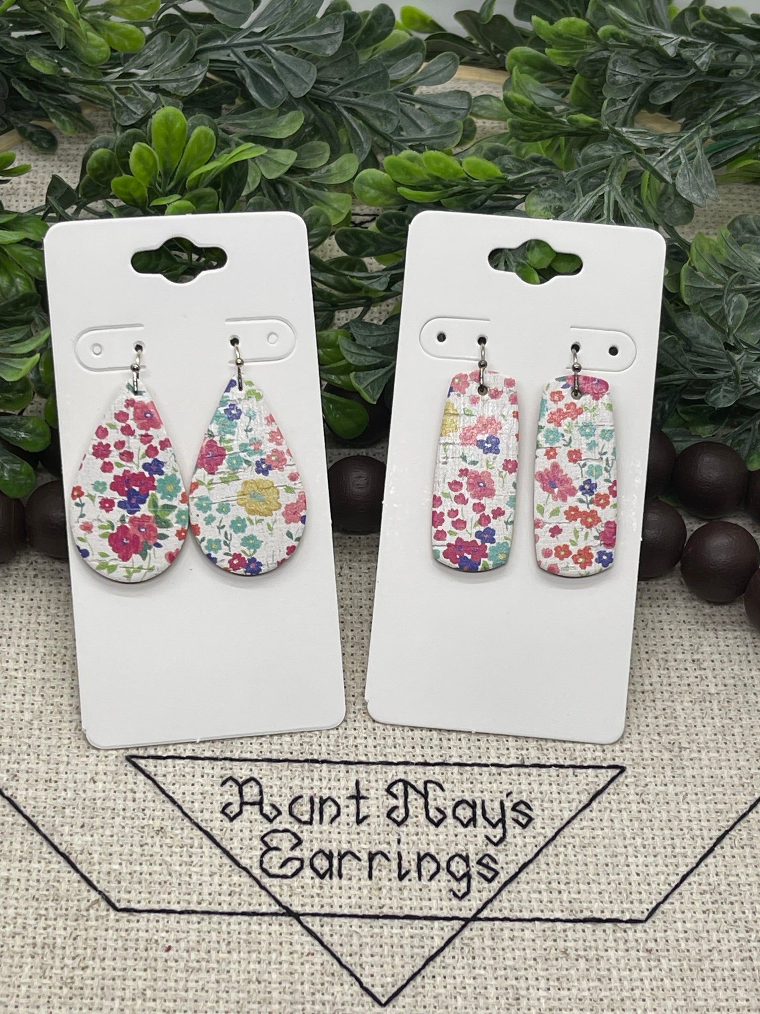 Summer Floral Print White Cork on Leather Earrings