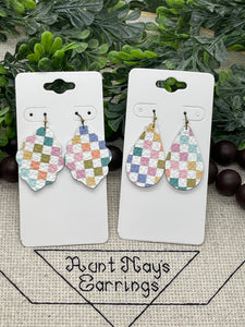 Warm Toned Multi-colored Checkered Print Leather Earrings